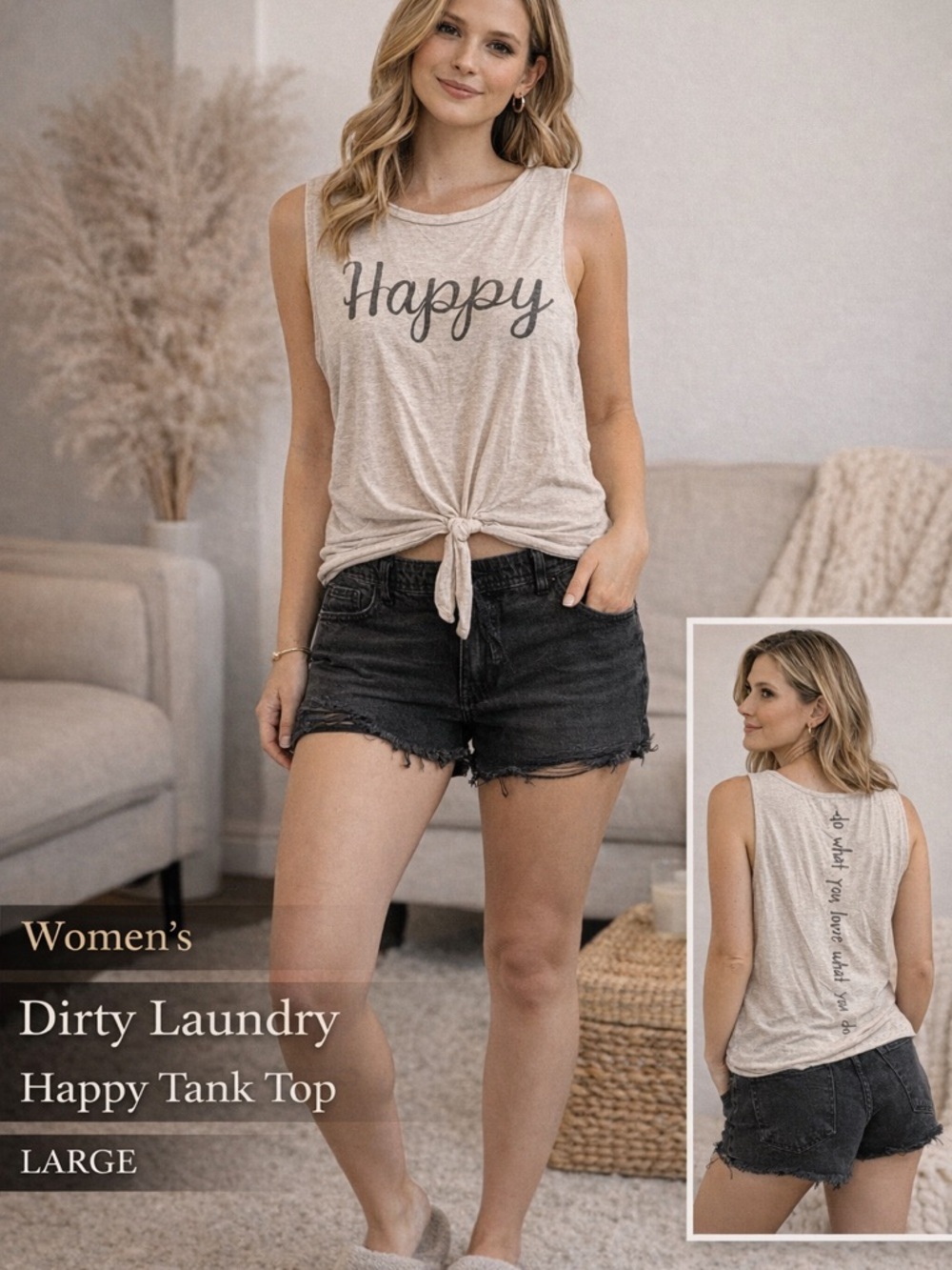 Dirty Laundry Beige "Happy" Tie-Front Tank Top LARGE